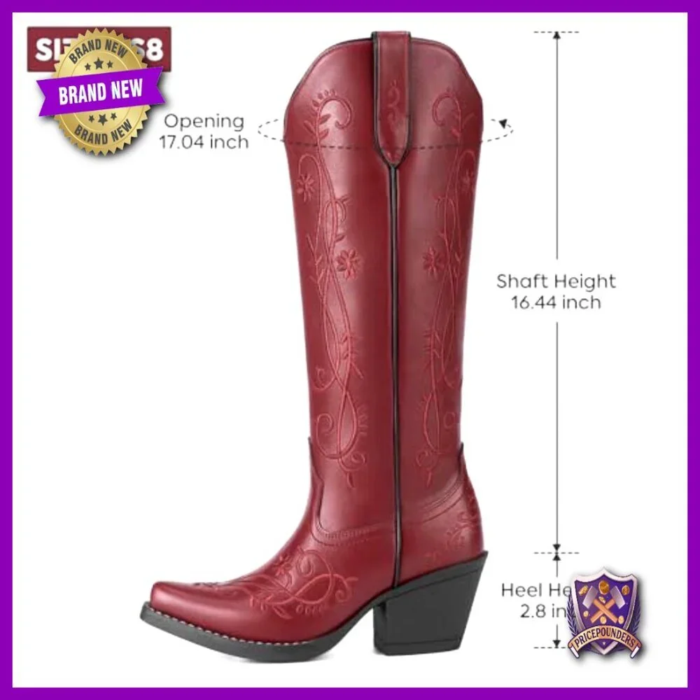 Knee High Cowgirl Boots Retro Vintage Chunky Heel Side Zipper Snip Toe